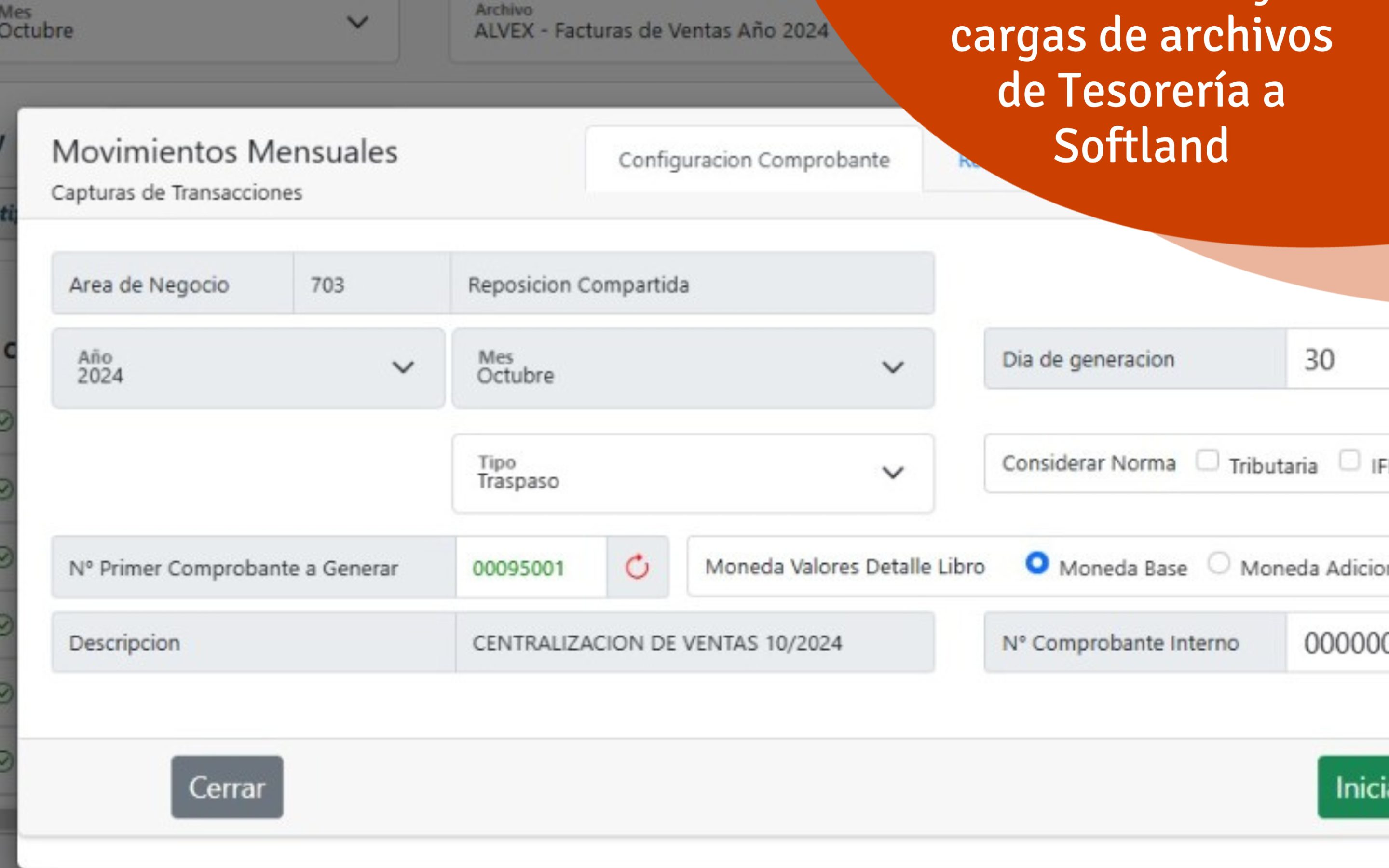 Generación y cargas de archivos de Tesorería a Softland